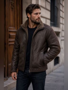 Stones men aviator winter jacket coat brown size 52 Faux Fur